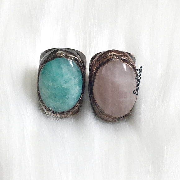 New Natural Rose Quartz & Textured Copper Statement Cocktail Ring - Picture 2 of 16